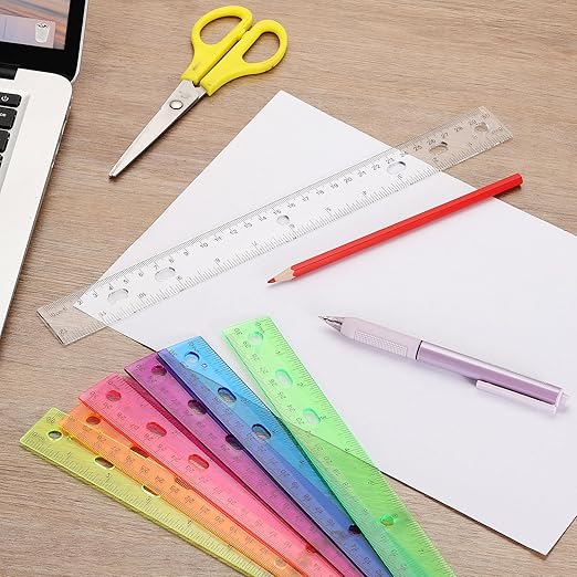 HARFINGTON 12pcs Plastic Rulers 12" (30cm) Clear Straight Ruler Measuring Tool Inches and Centimeters with Hole for Home Office Classrooms Drafting, Clear Pink