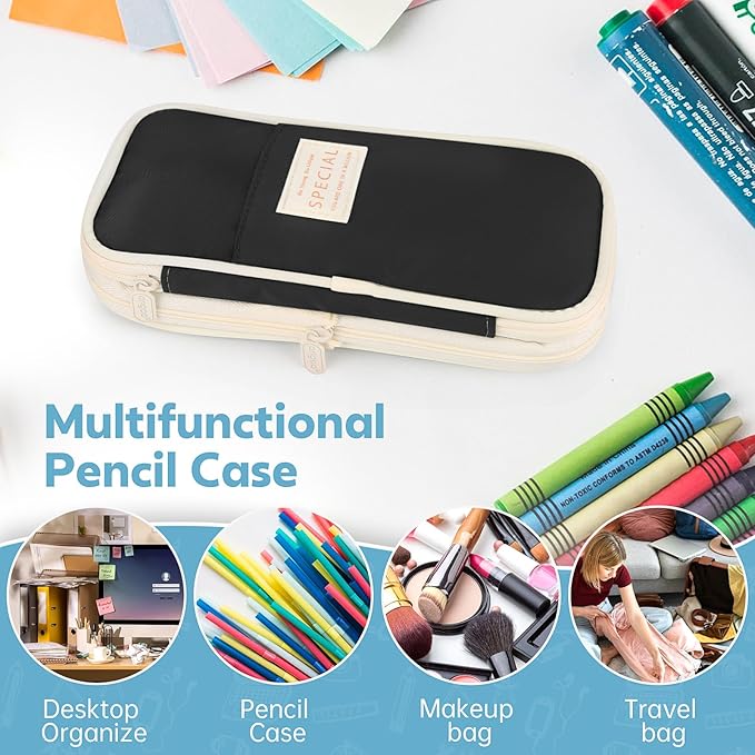 PUPTILY Pencil Case, Large Capacity Aesthetic Pencil Cases with Durable Zipper, Big Stationery Pencil Pouch for Women & Men, Adults Portable Storage Organizer Bag for College, office, Travel (Black)