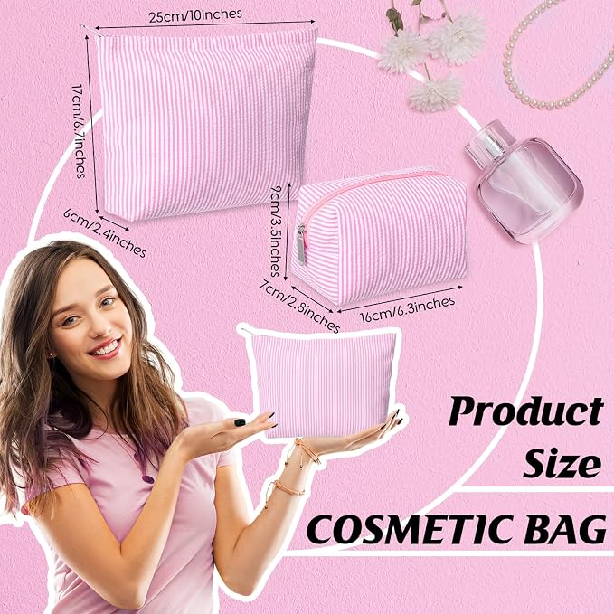 Huhumy 2 Pcs Makeup Bag Set for Women, Pink, Thin Striped Seersucker | Cute Cosmetic Pouch Women Travel Toiletry Bag Preppy Small Makeup Purse Pouch Aesthetic Skincare Brushes Storage Organizer