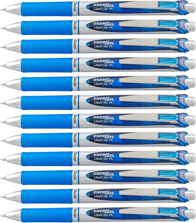 Pentel EnerGel RTX Gel Pens, 0.7 mm Metal Tip, Black/Silver Barrel, Blue Ink, Box of 12 (BL77-C)