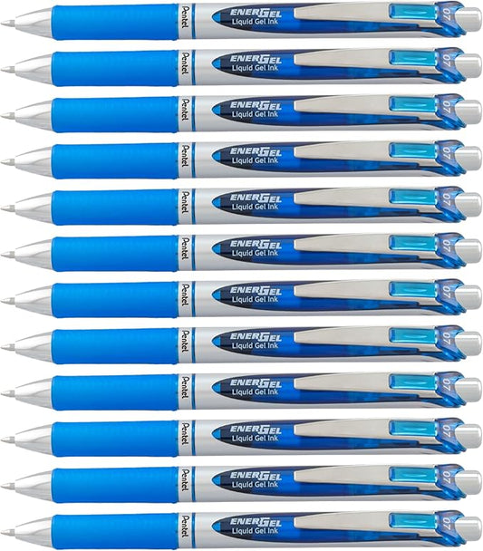 Pentel EnerGel RTX Gel Pens, 0.7 mm Metal Tip, Black/Silver Barrel, Blue Ink, Box of 12 (BL77-C)