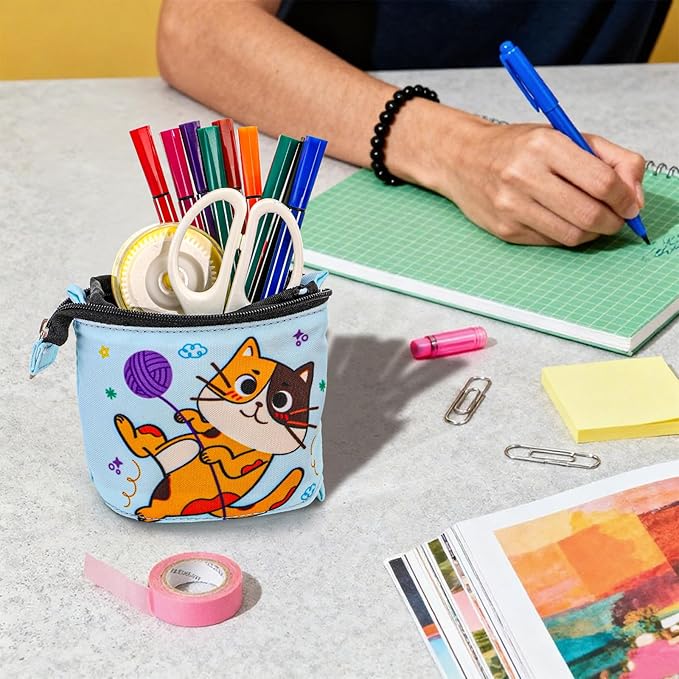 4 Pack Standing Pencil Case, Cute Cat Telescopic Pencil Storage Pouch Stationery Case, Portable Stand Up Makeup Bag Pencil Canvas Holder for Office Supplies, Cosmetics, Christmas Gift