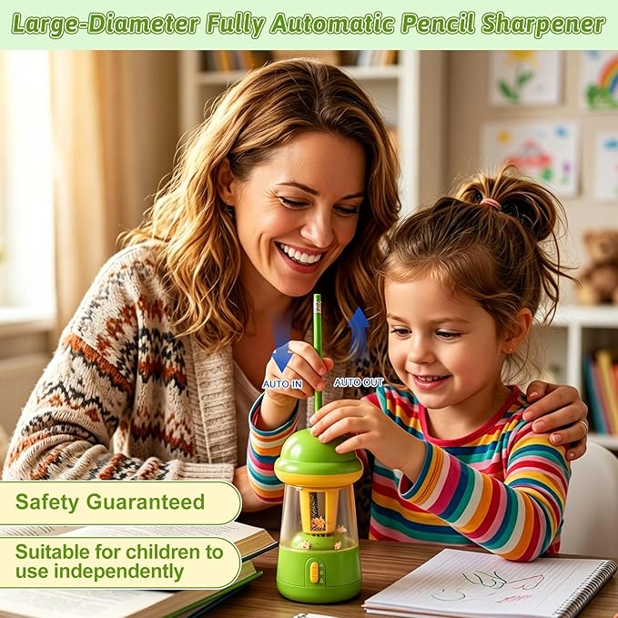 Rechargeable Electric Pencil Sharpener, 6-12mm Auto in & Out Fully Automatic Pencil Sharpener for Kids, Large Capacity Battery Powered, with Cartoon Stickers Ideal for Classroom & Home (Green)