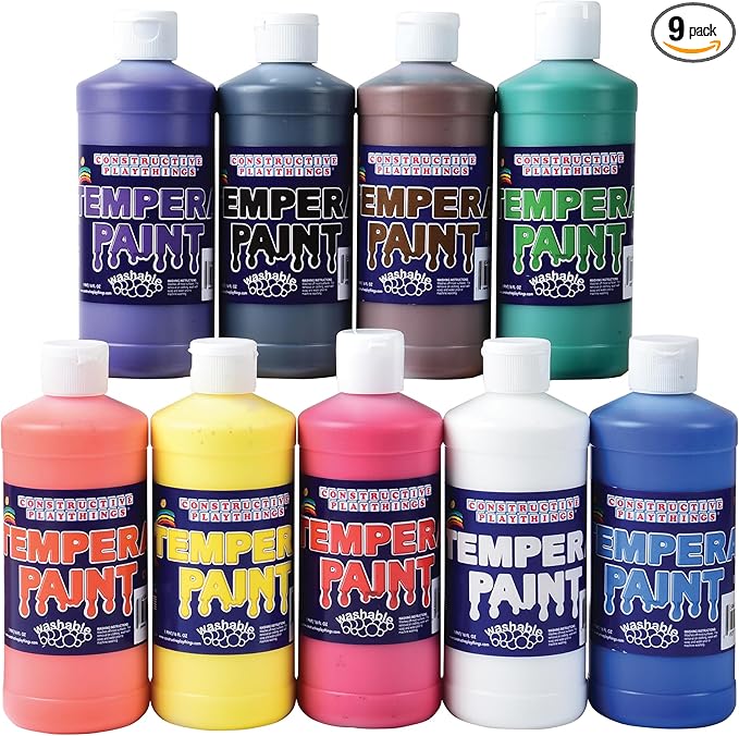 Constructive Playthings Kids 9-Color Tempera Paint Pint Set, Set of 9 Bright Washable Paint Pints for Classrooms and DIY Crafts, Multicolor