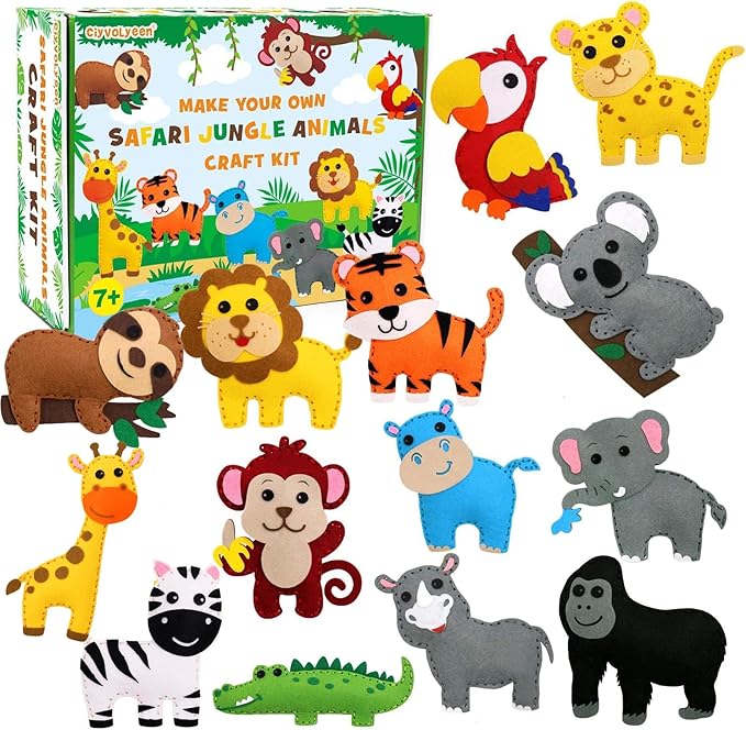 CiyvoLyeen Kids Sewing Kit Crafts – DIY Safari Jungle Animals Felt Plush Ornaments Sewing Set for Girls & Boys Ages 7–12, Beginner Craft Kit Set of 14