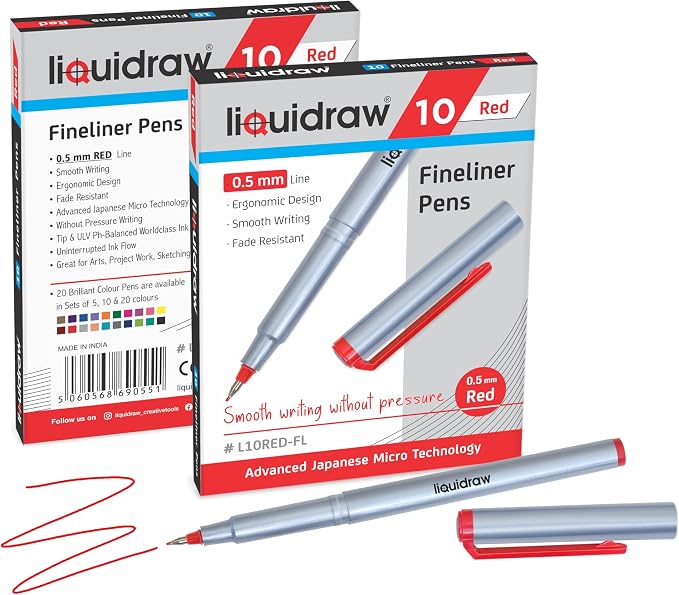 Liquidraw Red Colored Fineliner Pens, Fine 0.5mm Tip, Set of 10