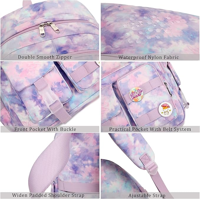 Hidds Laptop Backpacks 15.6 Inch College Backpack Elementary Middle High School Book Bag Cute Bookbags Anti Theft Travel Back Pack Casual Daypack Kids for Teens Girls Women Students (Tie-Dye Purple)