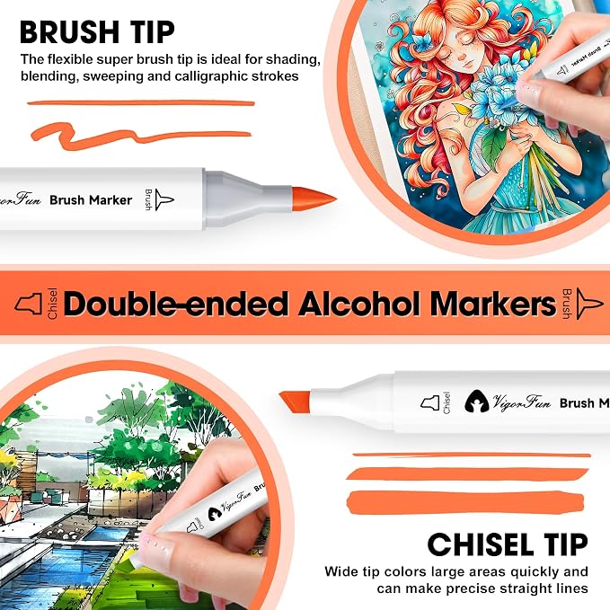 VigorFun Alcohol Markers Brush Tip, 52 Colors Dual Tip Brush & Chisel