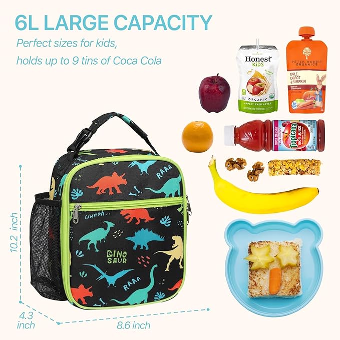 Bagseri Kids Lunch Box for Boys - Insulated Toddler Lunch Bag Fits Bento Box, Reusable Daycare Cooler Tote with Clip Handle, Water-Resistant Lining, Black Dinosaur