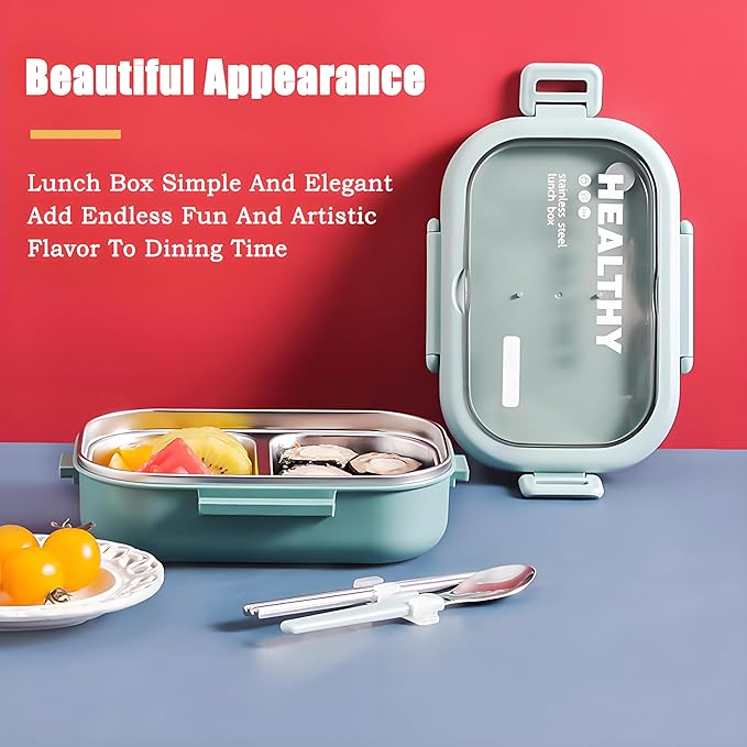 Stainless Steel Lunch Box, 2 Compartment Bento Box for Adults, Easy to Clean, Leak-Proof Design, Food Storage Container with Tableware for Family, Work, Picnics and Travel(800ml, Green)