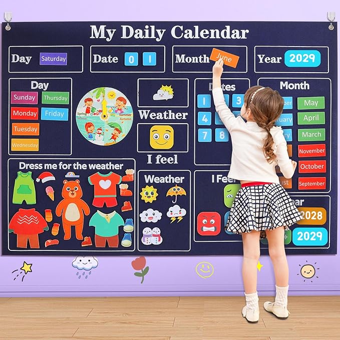 My First Daily Calendar-Preschool Classroom Must Haves, Circle Time Learning Center, Days of the Week Chart for Toddlers Learning, Classroom Calendar for Kids, 3.3Ft Felt Board for Toddlers