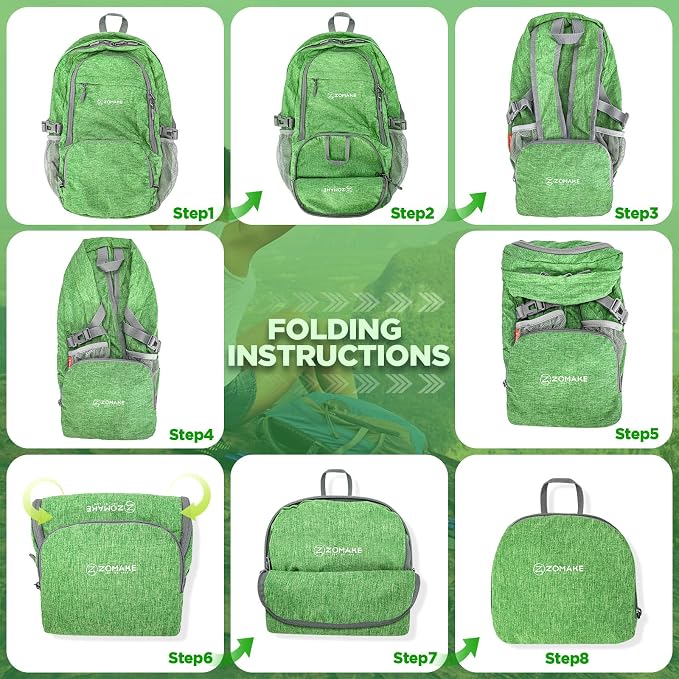 ZOMAKE Lightweight Packable Backpack, 25L Small Foldable Daypack for Hiking | Water Resistant Collapsible Backpacks for Women Men, Everyday Carry, Multi Compartment Storage, Adjustable Strap(Dark Green)