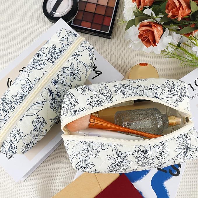 URSKYTOUS 2Pcs Floral Makeup Bag for Women Cotton Quilted Coquette Cosmetic Bag Cute Zipper Black Flower Makeup Pouch Aesthetic Portable Pencil Pouch Travel Toiletry Bag Trendy Cloth Skincare Bag