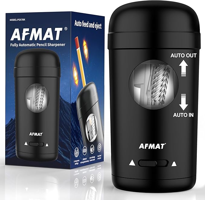 AFMAT Electric Pencil Sharpener, Fully Automatic Pencil Sharpener for 7-8mm Pencils & Colored Pencils, Auto in & Out, Rechargeable Vertical Hands-Free Sharpeners for Classroom/Home/Office PSX7(Black)