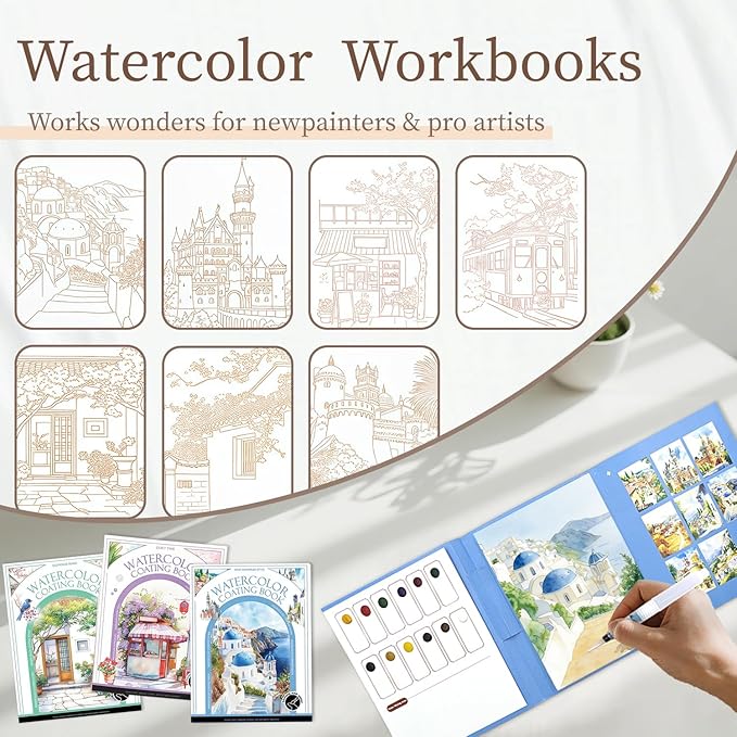 NaTuGi 3Pac Watercolor Workbook for Adults,Watercolor Coloring Book,Portable Watercolor Painting Books,Creative Stress Relief Kit,Suitable for Beginners Birthday Gift (Architecture Series 3pc)