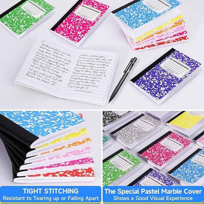 72 Pack 4.5" x 3.25" Mini Composition Notebooks Bulk 12 Color College Ruled Half Composition Notebook Narrow Ruled Small Pocket Marble Journal 60 Sheets for Students Office School Supplies