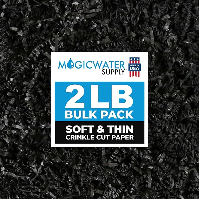 MagicWater Supply Soft & Thin Crinkle Cut Paper - 2 LB - Black - Paper Shred Filler for Gift Wrapping, Basket Filling, Birthdays, Weddings, Anniversaries, Valentines Day, and other occasions