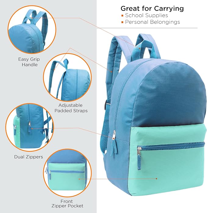 Moda West 17 Inch Bulk Backpacks with 18 Piece School Supply Kit - Case of 12 Wholesale Backpacks in Assorted Colors 6 Boy 6 Girl