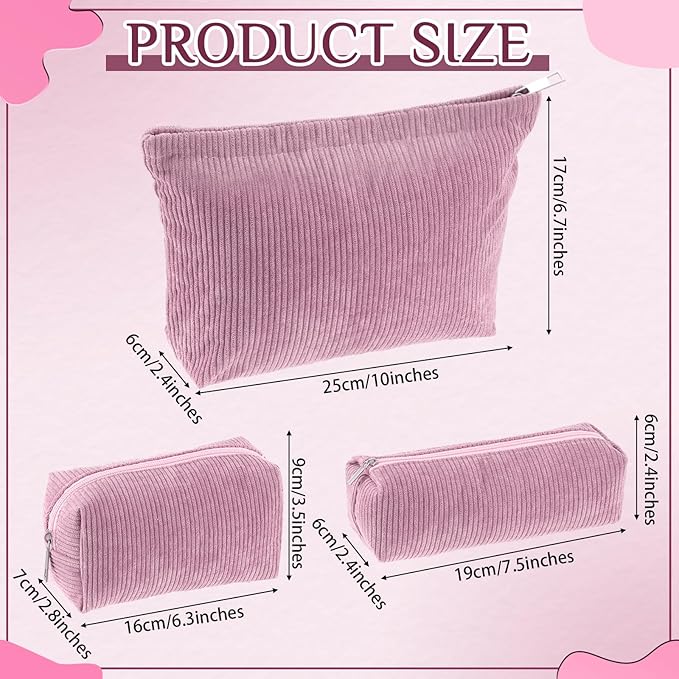 Huhumy 3 Pcs Makeup Bag Set for Women Corduroy Cosmetic Pouch Aesthetic Smile Travel Toiletry Bag Cute Purse Pouch Pencil Case Makeup Brushes Storage Organizer with Zipper(Rose Pink,Solid Style)