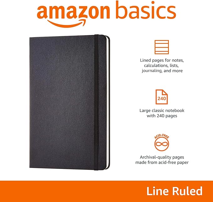 Amazon Basics Classic Lined Writing Notebook for Note Taking and Journaling, Hardcover with Elastic Closure, 240 Pages, 5" x 8.25", Black (Pack of 2)