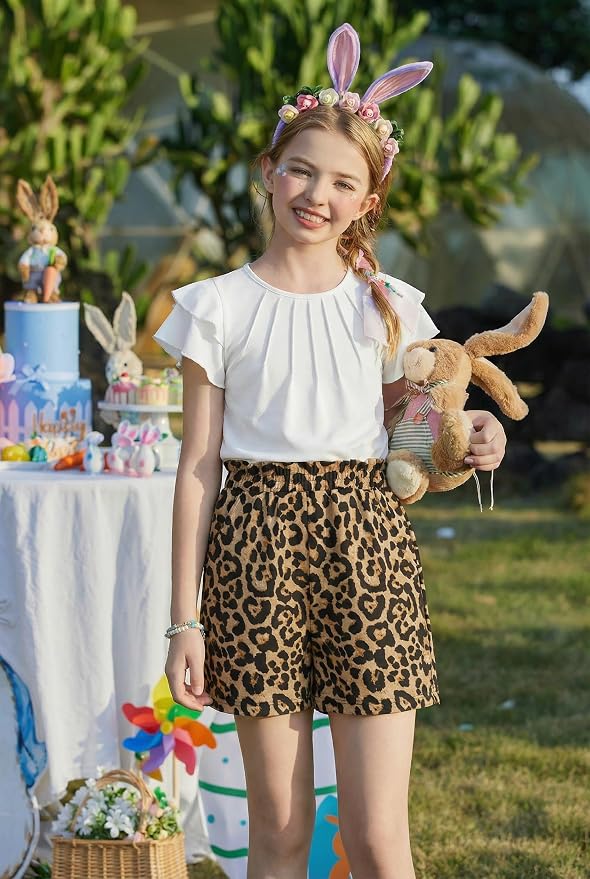 Arshiner Girls 2 Piece Outfits Summer Ruffle Sleeve Top and Paperbag Waist Shorts Set with Pockets Size 5-13 Years