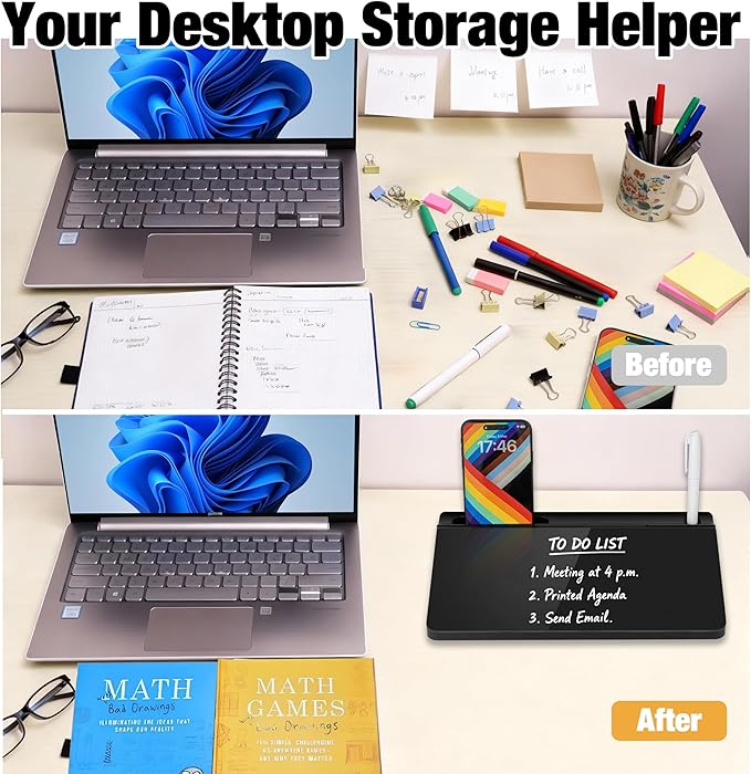 Small Glass Desktop Whiteboard 11.8×7”, Dry Erase Note Memo Board, Desk Organizer with Storage for Desk, Home, Study, Office, Black
