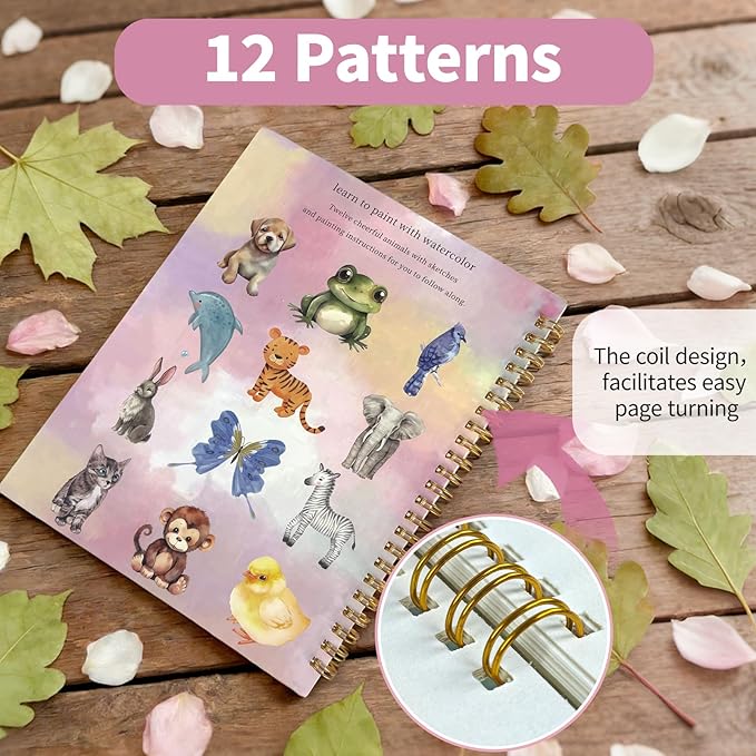 Watercolor Workbook, Watercolor Coloring Book Beginner Friendly Painting kit for Adults, 12 Colors Water Color Paint with Palette & 2 Brush, Exploration Gift (Animals)