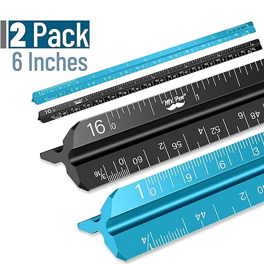 Mr. Pen- Small Architectural Scale Ruler, Aluminium, 6 Inch, 2 Pack, Black and Blue, Pocket Size Ruler, Triangle Ruler, Metal Ruler Set, Architect Scale Ruler for Blueprints