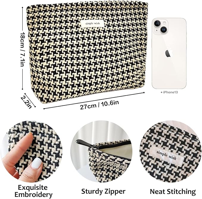STARDW Travel Makeup Bag Organizer, Cosmetic Pouch for Women, Puppytooth | Canvas Lined Cosmetic Bag for Skincare, Brushes & Toiletries, Cute Travel Toiletry Bag, Purse Organizer Pouches with Zipper