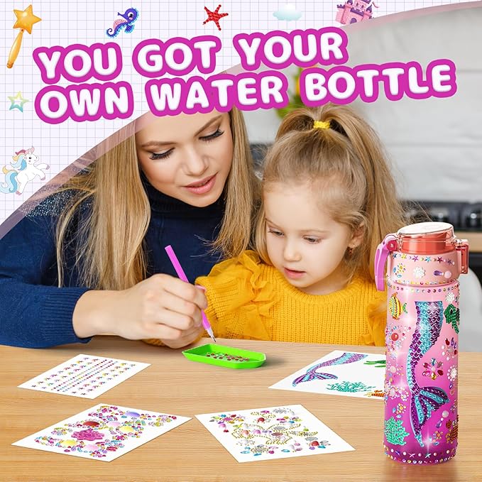 BOOH Decorate Your Own Water Bottle Kits for Girls Age 4-12, Fun Arts and Crafts for Girls Age 4-12, Friendship Bracelet Kit & Mermaid Tail Toys for Ages 6-12, Birthday Gifts Christmas School