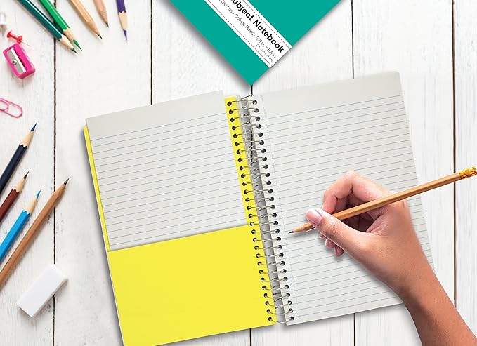 Better Office Products 3 Subject Spiral Notebooks, 9.5 x 5.5 inch, 6 Pack, 150 Sheet Notebook with 2 Double-Sided Pocket Dividers, Assorted Solid Color Covers (College Ruled)