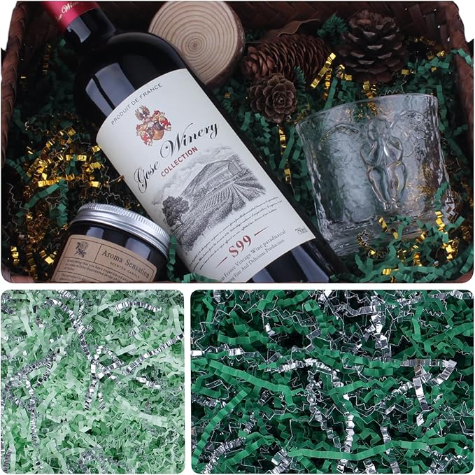 TANMWZK Crinkle Cut Paper Shred Filler 2 LB Gift Wrapping & Gift Basket Filler for Christmas,Halloween & Wedding Decorations,Easter Basket Grass Filler,Crafting Activities (Dark green and Silver)