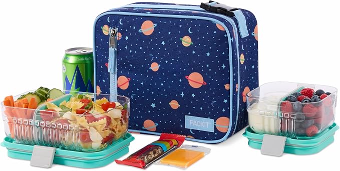 PackIt Freezable Classic Lunch Box, Little Planets | Built-in ice packs, EcoFreeze+ Technology, Zip Closure, Zip front pocket, Side-release buckle handle, Collapsible, Reusable