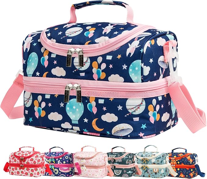Insulated Kids Dual Compartment Lunch Bags Tote for Girls Boys Toddler Lunch Boxes Pre-School Toddler Kindergarten Picnic Camp Food Cooler Thermal with Strap (Balloon Bunny)