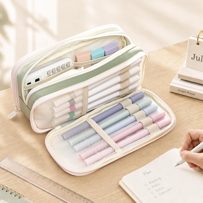 Sooez Large Capacity Pencil Case Pouch, Cute Pencil Pouch Pencil Bag | 3 Compartment, Aesthetic Pen Case with Zipper, Stationery Organizer, School Supplies for Teen Girl Boy Women Men,Purple
