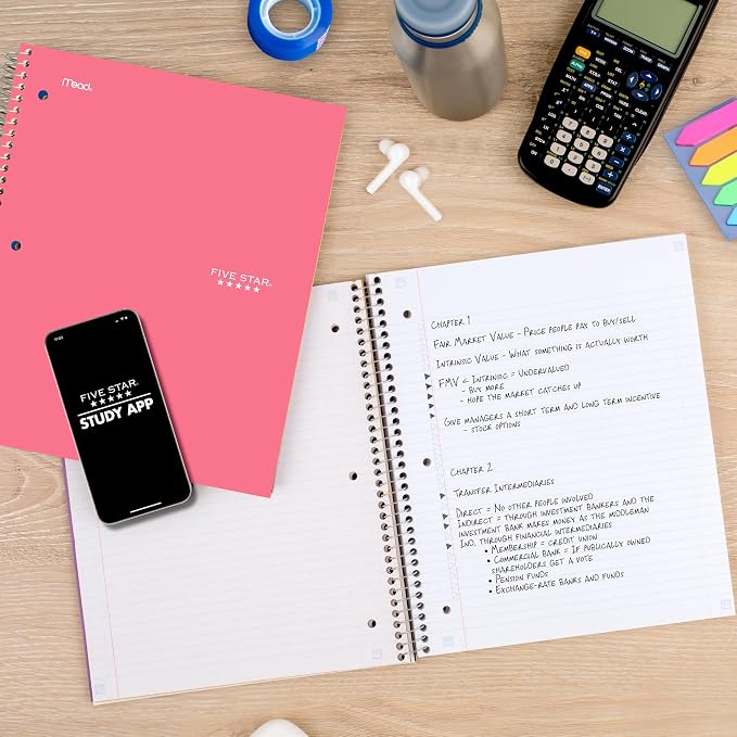 Five Star Spiral Notebook + Study App, 3 Subject, College Ruled Paper, 8-1/2" x 11", 150 Sheets, Fights Ink Bleed, Water Resistant Cover, Prom Pink (820003R)