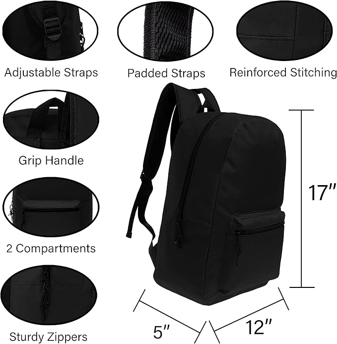 Moda West 17 Inch Bulk Backpacks with 18 Piece School Supplies Kits - Pens, Pencils, Crayons - Case of 12 Wholesale Backpacks in Black Color
