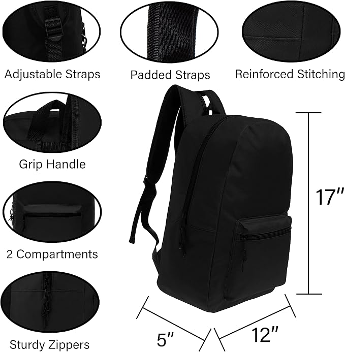 17 Inch Bulk Backpacks in Black Color with 50 Piece Student Supplies Kits - Pens, Pencils, Crayons, and More, Wholesale Case of 12 Value Bundle Packs