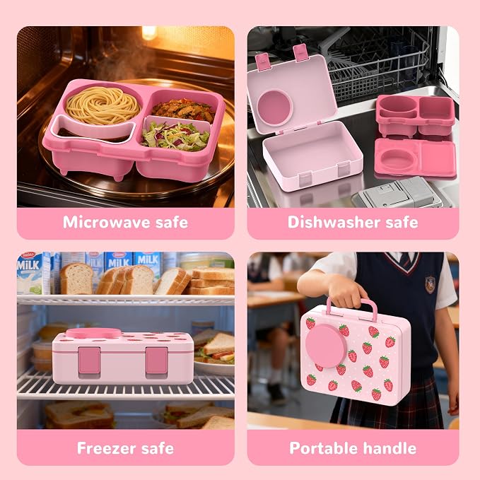 Kids Insulated Lunch Box with 8OZ Thermo Food Jar | Leakproof Bento Box with Ice Pack Sauce Cup Utensils Removable Tray & Dividers for School Daycare Travel, Strawberries