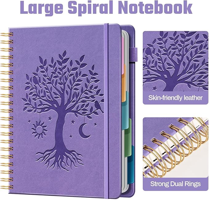 Ovesmusl Hardcover Spiral Notebook 8.5" x 11" with 5 Removable Dividers 300 Pages Leather 5 Subject Notebook College Ruled 100GSM Large Spiral Notebooks for Work Thick Lined Journal for Women, Purple