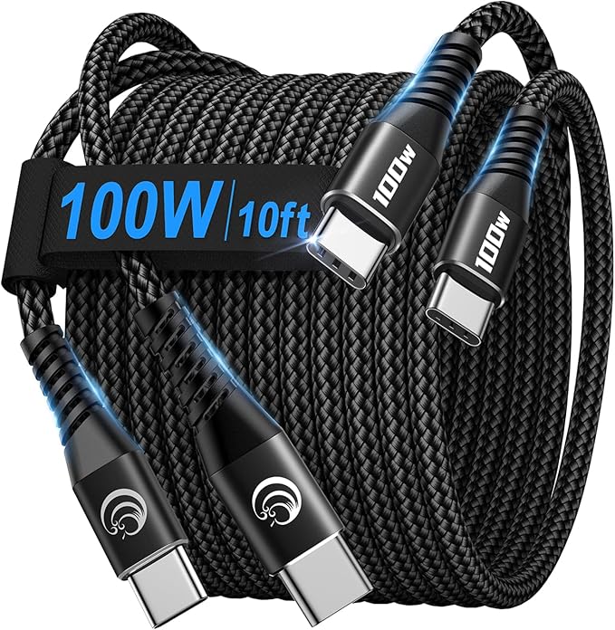 USBC to USBC 100W [10ft/2 Pack] USB C to USB C Fast Charging Cable Braided C to C Charger Cord 5A for MacBook Pro/Air, iPhone 16 15 Pro Max Plus,iPad Pro,Samsung Galaxy S24 Ultra S23,Pixel,PS5,Switch