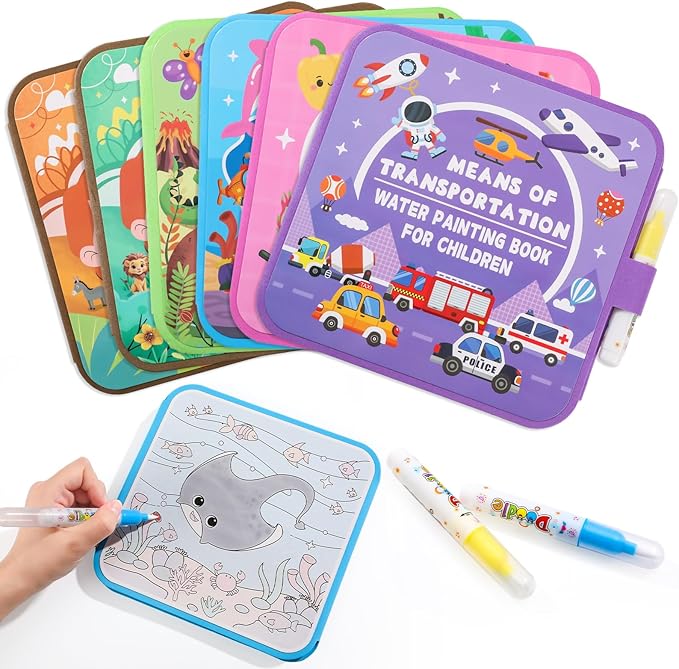 6 Pack Water Painting Book for Toddlers, No Mess Water Coloring Book 7.9x7.9in, Coloring Fun Water Drawing Books Reusable Travel Activity Toys Party Favors Classroom Rewards Gift for Kids Ages 3-6