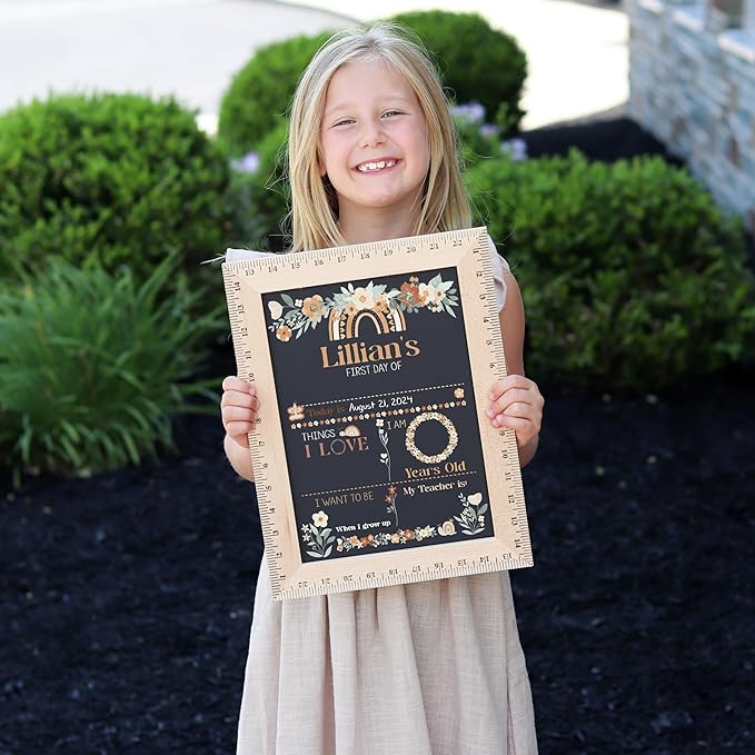 First Day of School Sign (11.5"x15"), Reusable Chalkboard, Easy to Clean with Real Wooden Ruler Frame, Perfect for Back to School, First Day of Kindergarten (Boho Garden)