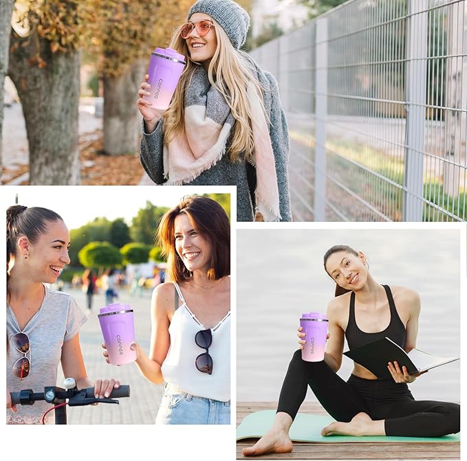Stainless Steel Vacuum Insulated Travel Mugs - Leak-Proof Reusable Coffee Tumblers with Lids, Thermal Insulation for Hot & Cold Drinks (17oz, Purple Pink)