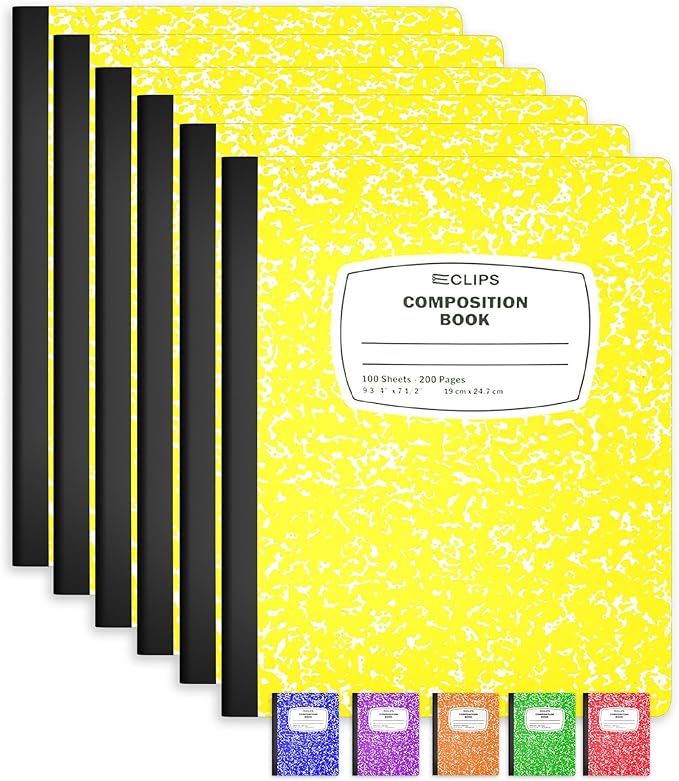 Composition Notebook Wide Ruled Composition Notebooks Bulk Yellow Marble Hard Cover Wide Ruled Notebook Paper Note Books For Schools Marble Composition Books 100 Sheets 200 Pages 9.75” x 7.25” (6 Pack, Yellow)