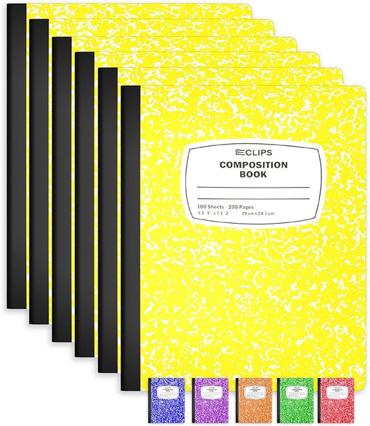 Composition Notebook Wide Ruled Composition Notebooks Bulk Yellow Marble Hard Cover Wide Ruled Notebook Paper Note Books For Schools Marble Composition Books 100 Sheets 200 Pages 9.75” x 7.25” (6 Pack, Yellow)