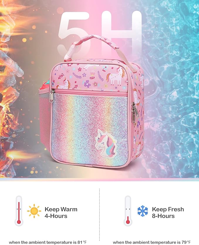Bagseri 2 Pack Kids Lunch Box for Girls - Insulated Toddler Lunch Bag Fits Bento Box, Reusable Daycare Cooler Tote with Clip Handle, Water-Resistant Lining, Unicorn & Mermaid