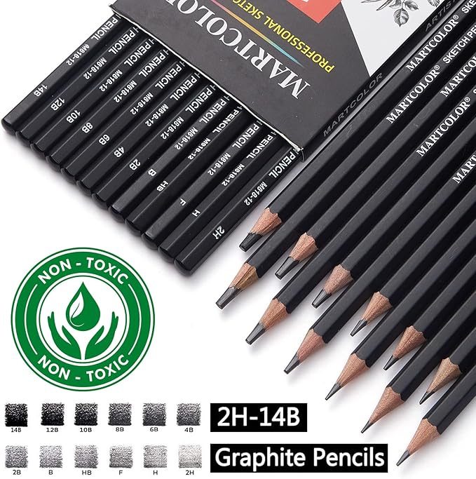 MARTCOLOR Drawing Sketching Pencils Set, 12 Pack Graphite Pencils(14B - 2H), Ideal for Drawing Art, Sketching, Shading, Artist Pencils for Beginners & Pro Artists
