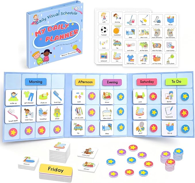Visual Schedule for Kids, 170 Magnetic Visual Cards & Tri-Fold Magnetic Board, Daily Routine Chart for Autism ADHD, Toddler Morning Bedtime Chore Planner for Home Classroom, Visual Routine Board for Nonverbal Special Needs Children