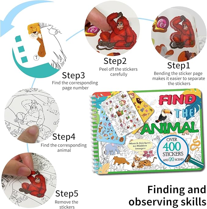 Kalysky Find the Animal Sticker Book for Kids Ages 4-8 | 400+ Stickers | Travel Activity for Plane, Car & Road Trip